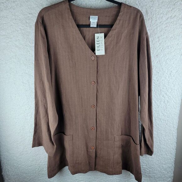 Eileen Fisher Long Jacket Women 1X Duster Pockets Linen Lagenlook Minimalist USA - Picture 5 of 16